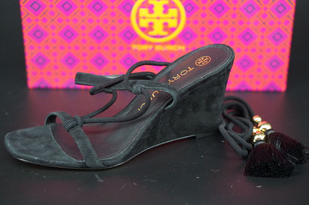 Tory Burch Plisse Suede Wrap Wedge Sandalsl SZ 8 Black Lace up Logo $328